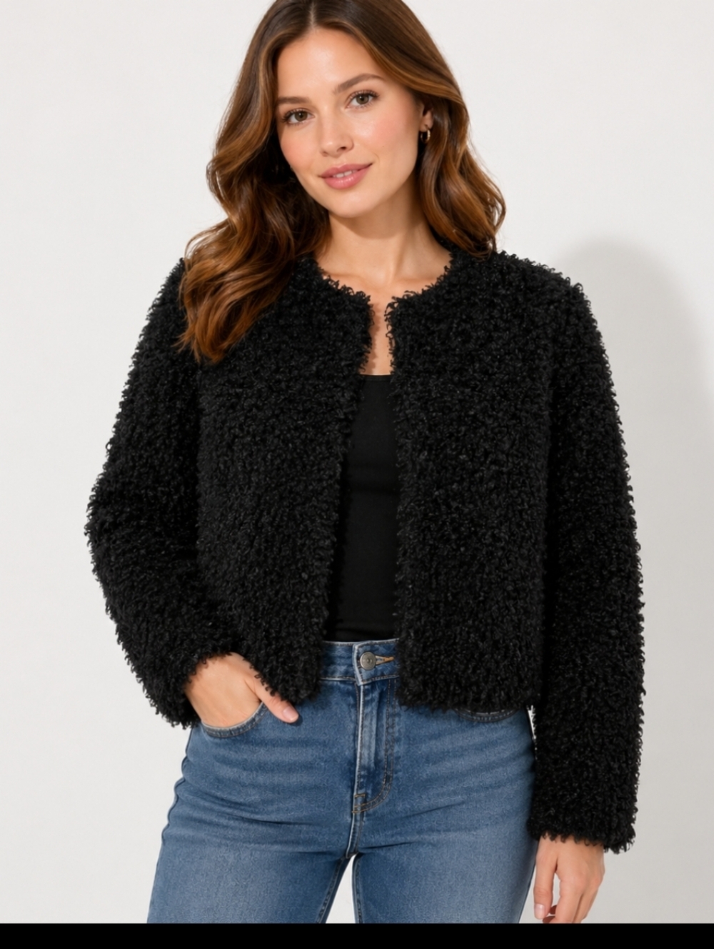 H&M Black Teddy Fleece Jacket Women’s Size 2 Textured Cozy Open Front Coat